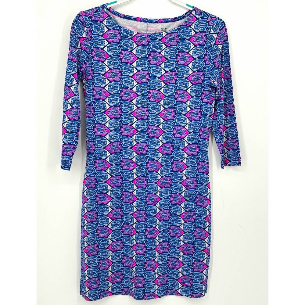 Vineyard Vines Fish Print Sheath Dress Blue Pink Round Neck 3/4 Sleeve XS